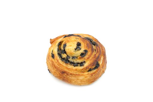 A closeup of a cinnamon bun on a white background