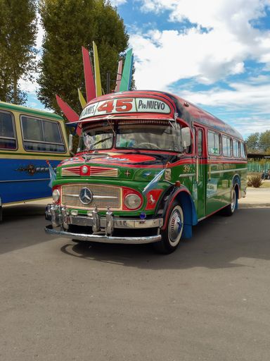 old green Mercedes Benz 1112 bus 1965-1974 in the street. Public passenger transport in Buenos Aires. Traditional fileteado ornaments. Copyspace.