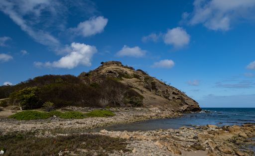 A beautiful shot of rocks on a beach and a hill covered with green grass under blue sky on a sunny day