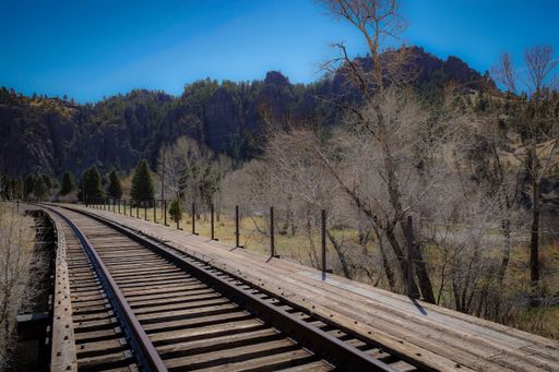 A beautiful shot of train tracks near leafless trees with forested mountains in the distance under a clear blue sky