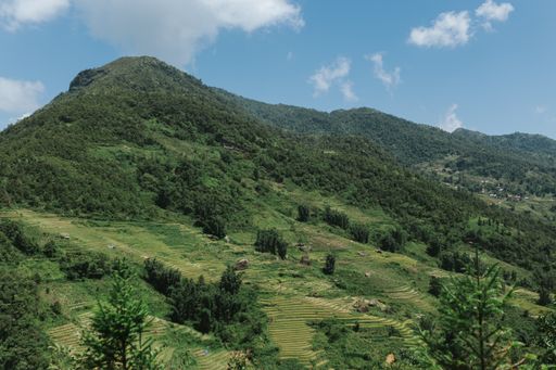 A high angle shot of beautiful green land with trees and a high mountain range under the cloudy sky