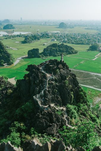 A vertical closeup shot of a green hill with staircases in a green field under the foggy sky