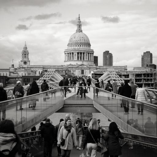 A black and white photo of St Pauls Cathedral London Millennium Bridge, Umaited Kingdom