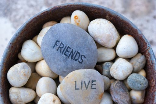 The words FRIENDS and LIVE written on a grey pebble in a bowl filled with smaller pebbles