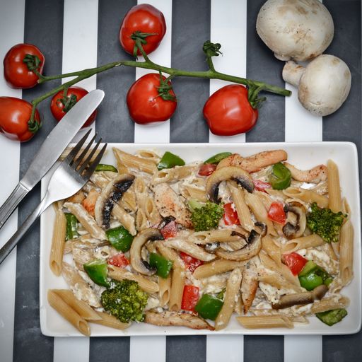 A top view of penne pasta with mushrooms and tomatoes