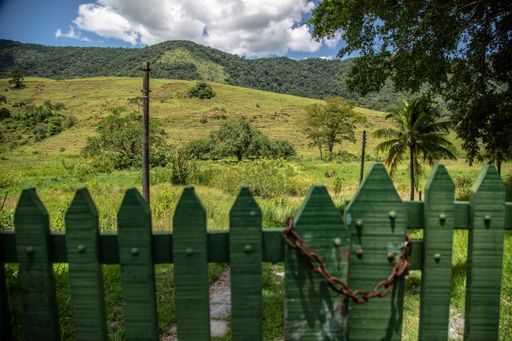 A closeup shot of a green wooden fence with a beautiful mountainous landscape in the background