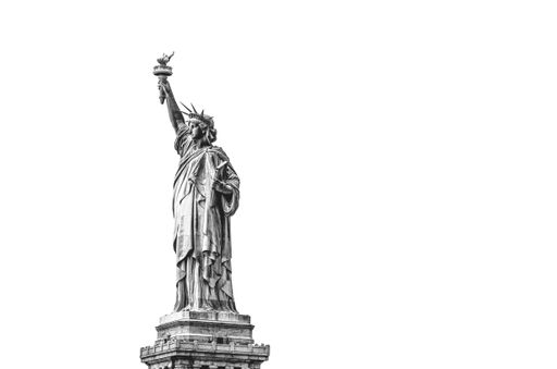 The Statue of Liberty in black and white isolated on pure white background, New York City, USA