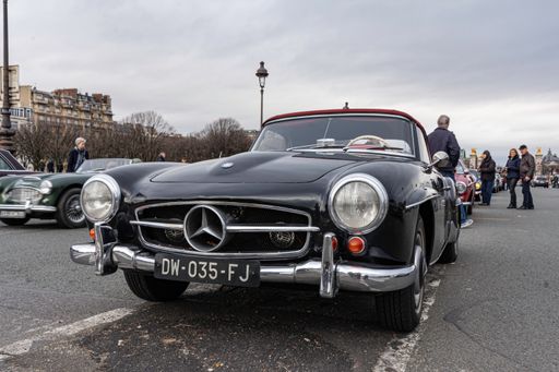 A low angle shot of Mercedes Benz W121,190SL classic luxury car custom stance style in Paris, France
