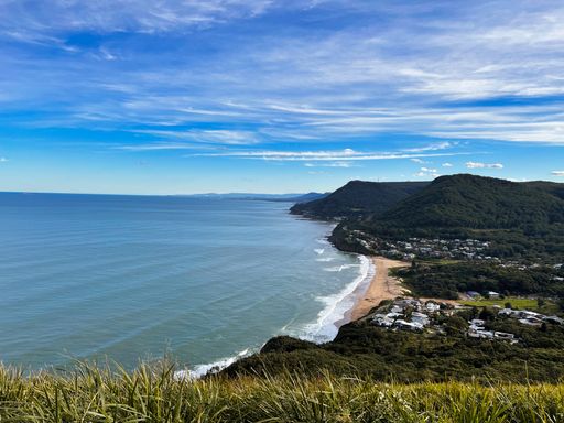 A scenic view of the coastline of Stanwell Park from Bald Hill Lookout, New South Wales, Australia