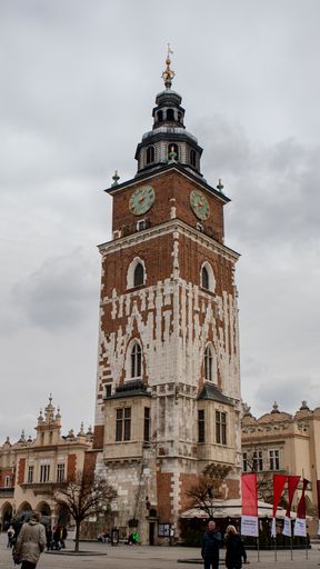 A vertical shot of the Town Hall tower at Main Market Square of Krakow, Poland