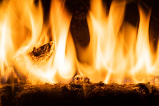 A closeup shot of the magnificent flames of fire on the burning logs of wood