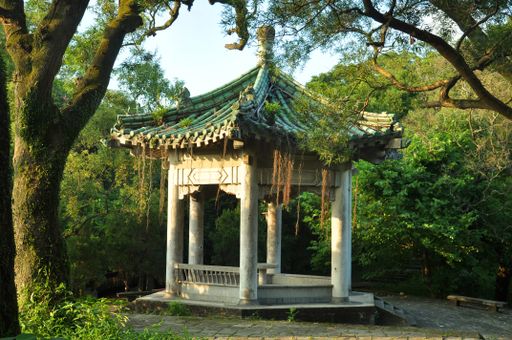 A closeup of an Asian style pavilion in Taipei, Taiwan