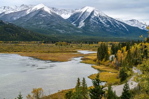 The beautiful autumn landscape with the lake and mountains. Canadian nature. Banff National Park.