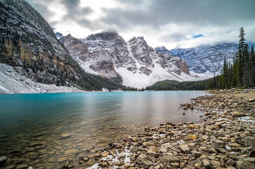 The beautiful winter landscape with the lake and mountains. Canadian nature. Banff National Park.