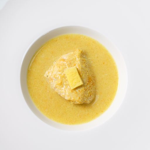 A closeup of a spicy chicken curry with coconut milk in a white plate