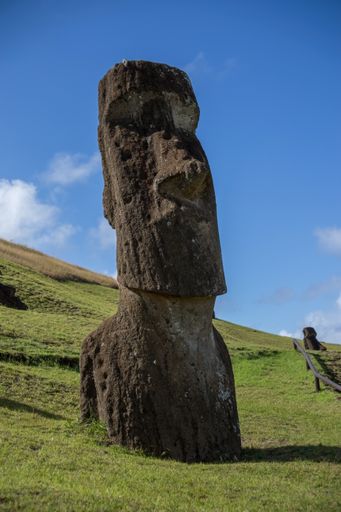 A vertical closeup of an antique Moai stone statue on Easter Island, Chile