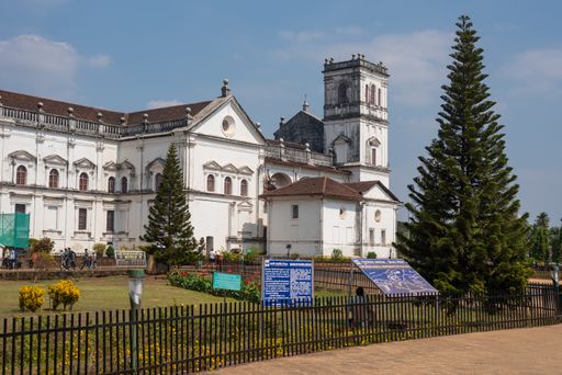 Old Goa,Goa India December 15 2019: Tourists and devotees visiting Se Cathedral at Old Goa
