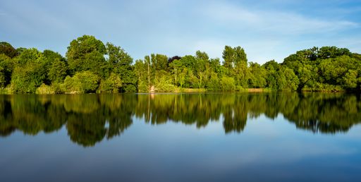 A beautiful scenery of a lake with the reflection od surrounding green trees