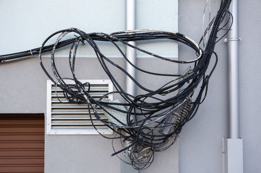Tangled messy electrical cables on building wall