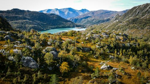 A view of a mountainous area in spring with bushes and stones on the foreground and a lake in distance