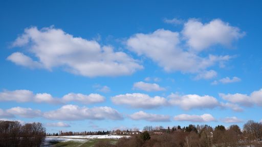 A scenic view of trees with bare branches in a field covered with snow in Bergisches Land, Germany under a blue cloudy sky
