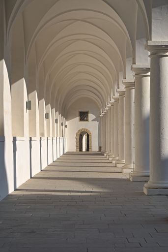 Light shines in white renaissance arcades and throws shades, vertical shot
