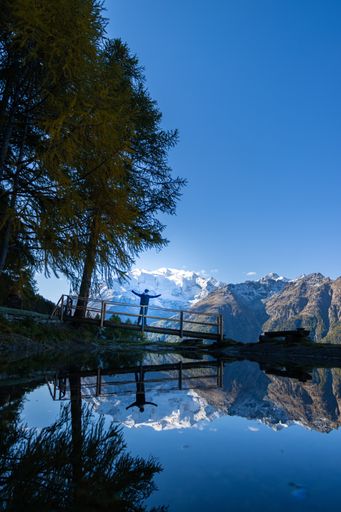 A back view of a young boy on the bridge with open arms enjoying the view of the Swiss mountains
