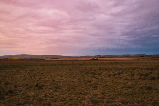 A scenic view of an endless field during sunset with a dramatic pinkish sky