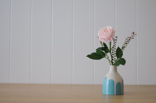 A pink rose in a creative blue-white vase on a white background with space for text