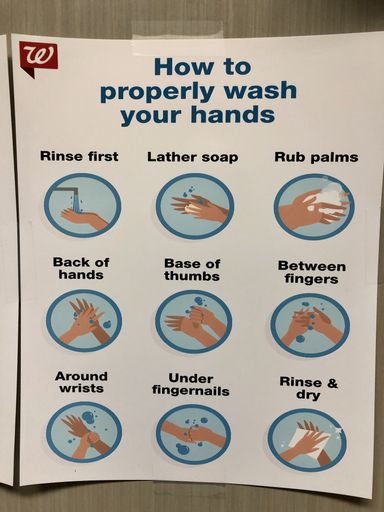 Walgreens' pharmacy sign describing the proper way to wash hands to prevent spread of germs.