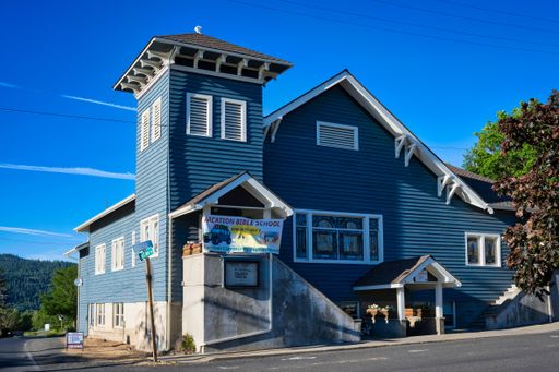 a shot of local blue church in Harrison town in Idaho