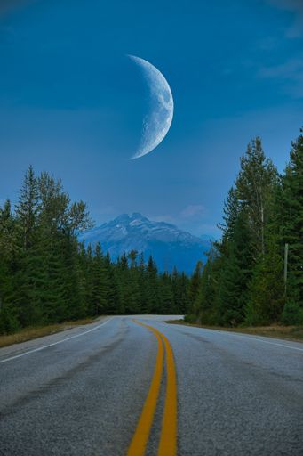 The moon over the winding road between the forest at night