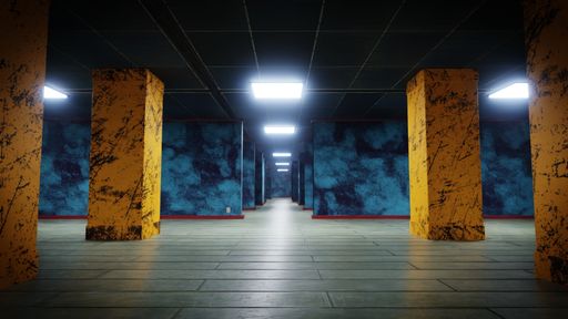 A corridor with yellow columns, blue walls and grey floor
