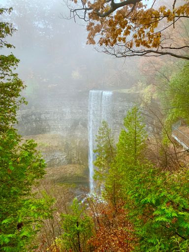 A beautiful shot of Tews falls in Dundas peak on a misty day in autumn, Ontario, Canada