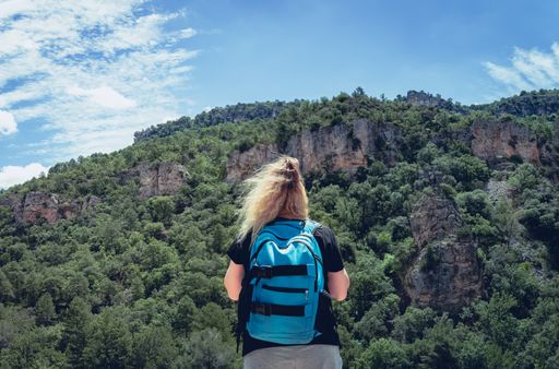 A back view of the female with a blue backpack admiring a beautiful mountainous landscape