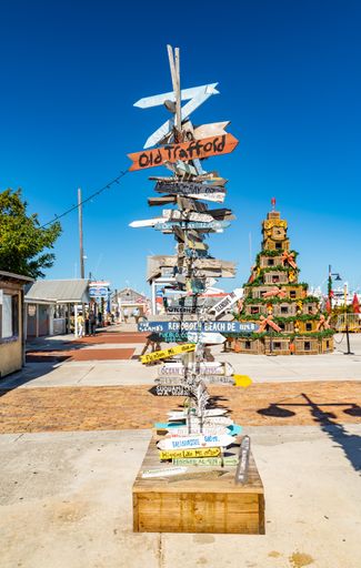 A vertical shot of a signboard at Mallory Square in Key West, Florida