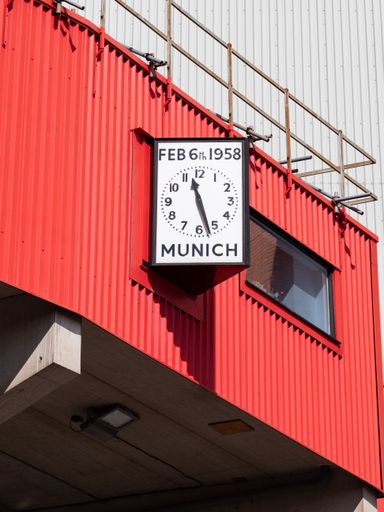Manchester UK April 2022 Manchester United Old Trafford football ground and Munich air disaster clock
