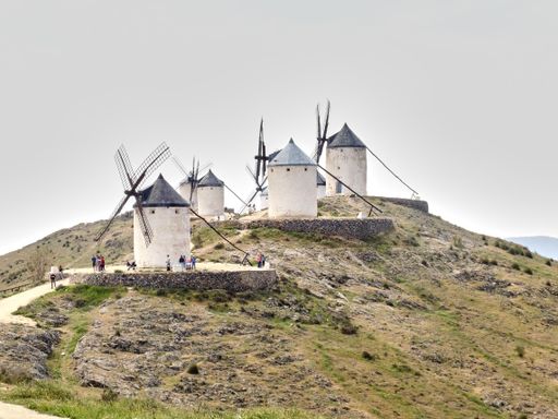 An aerial shot of windmills in Molinos de Viento de Consuegra, Spain