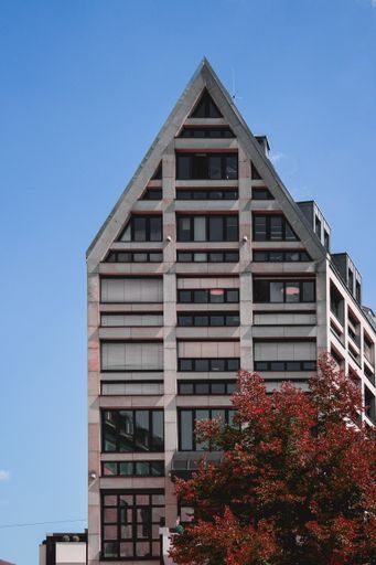 A vertical shot of an apartment building near a beautiful tree with red leaves under the clear sky