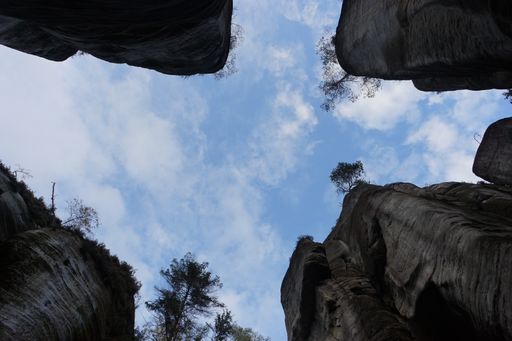 A low angle shot of high rocks