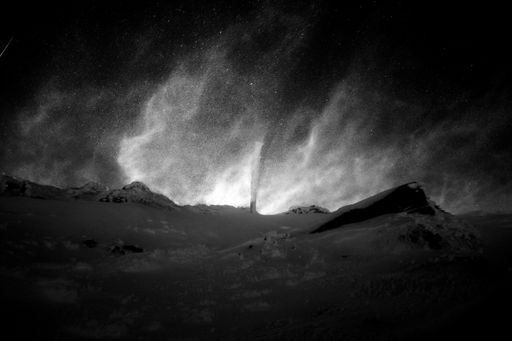 Blizzard near a mountain top in Fieberbrunn, Austria. Black and white photo