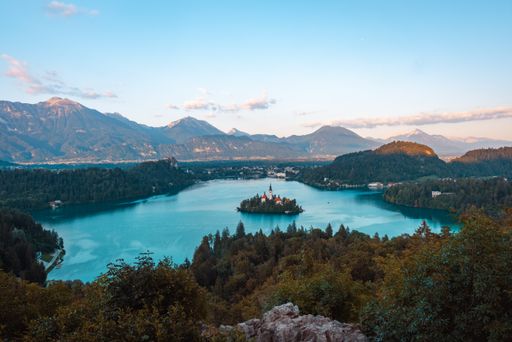 A scenic panorama of Lake Bled and Bled Island with a church, Slovenia