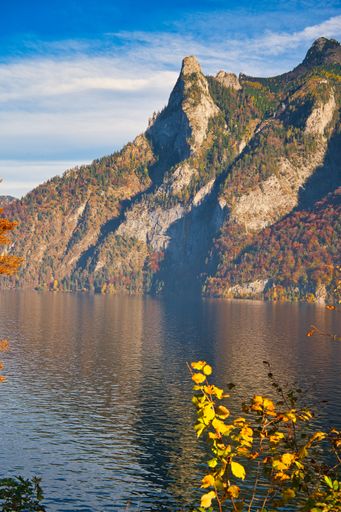 The beautiful autumn near the lake Traunsee in the Salzkammergut area, Upper Austria