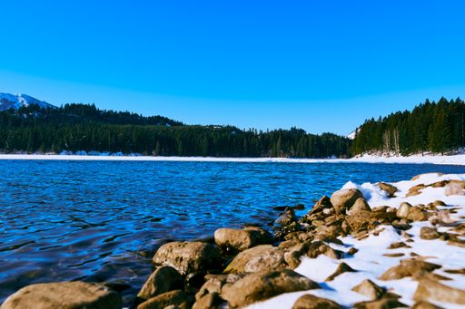 A scenic view of a lake near the rocky shore covered with snow with a forest and a clear cloudless sky in the background