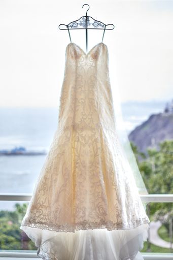 A vertical shot of a beautiful bridal dress on a seascape background