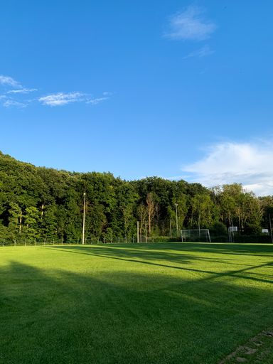 A vertical shot of a sports field under the cloudy skies during the day