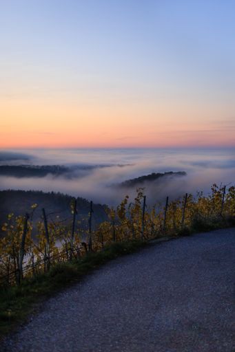 A vertical shot of a road overlooking the sea of clouds during sunset