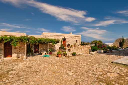 Traditional orthodox monastery of Zoodochos Pigi in Anafi, Greece