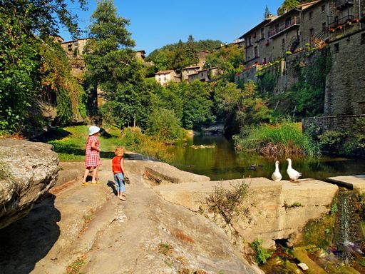 A horizontal shot of two children and two geese near a canal under the houses in Rupit, Spain