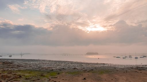Brittany, panorama of the Morbihan gulf, view from the Ile aux Moines island, after the rain at dawn